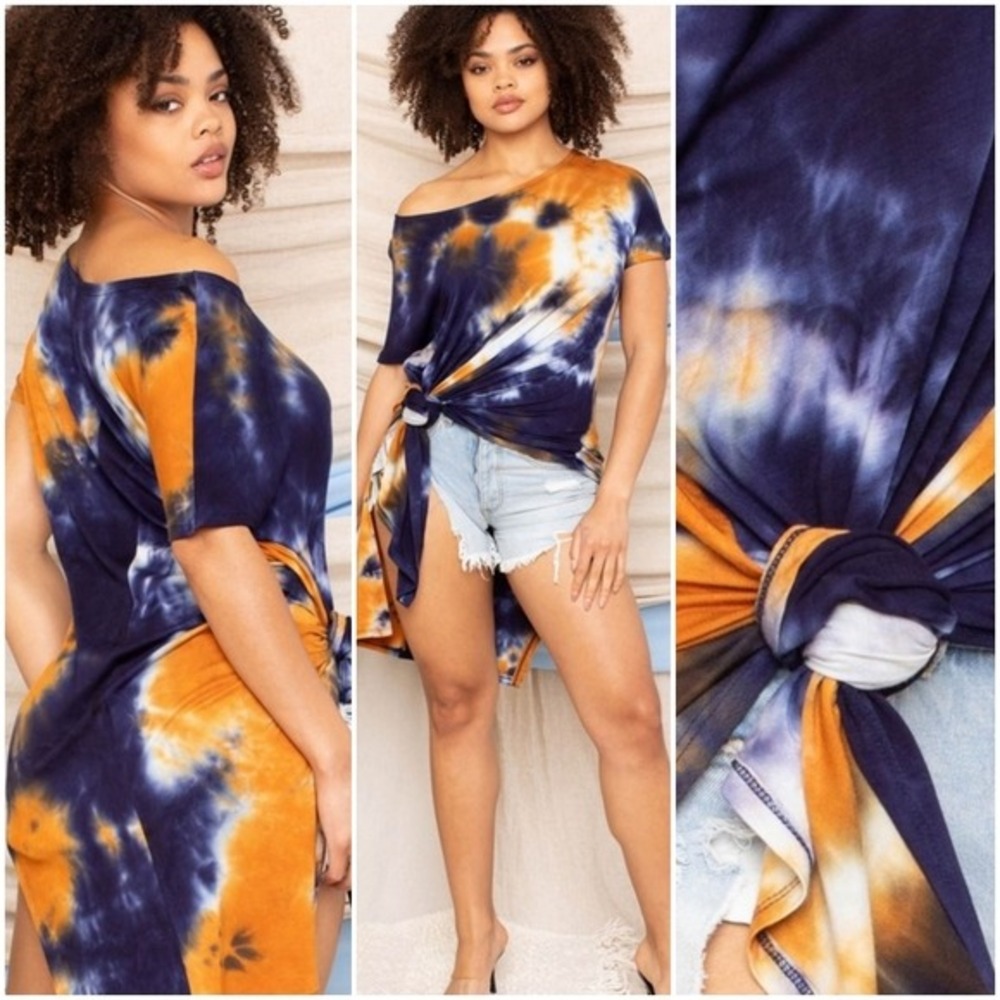 Tie Dye Tunic Top‎ Shark Bite Hem Blue Knit Boho Artsy Size M